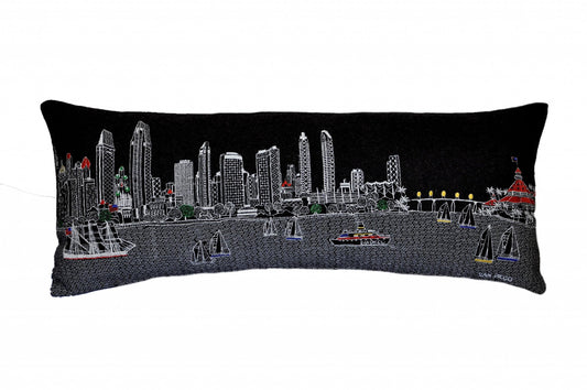 35" Black San Diego Nighttime Skyline Lumbar Decorative Pillow FurniFindUSA
