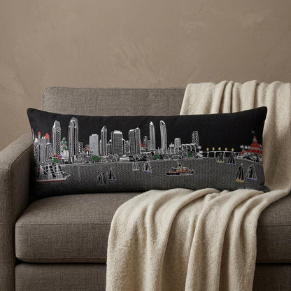 14" X 35" Dark Gray And White San Diego Nighttime Skyline Lumbar Decorative Pillow HomeRoots