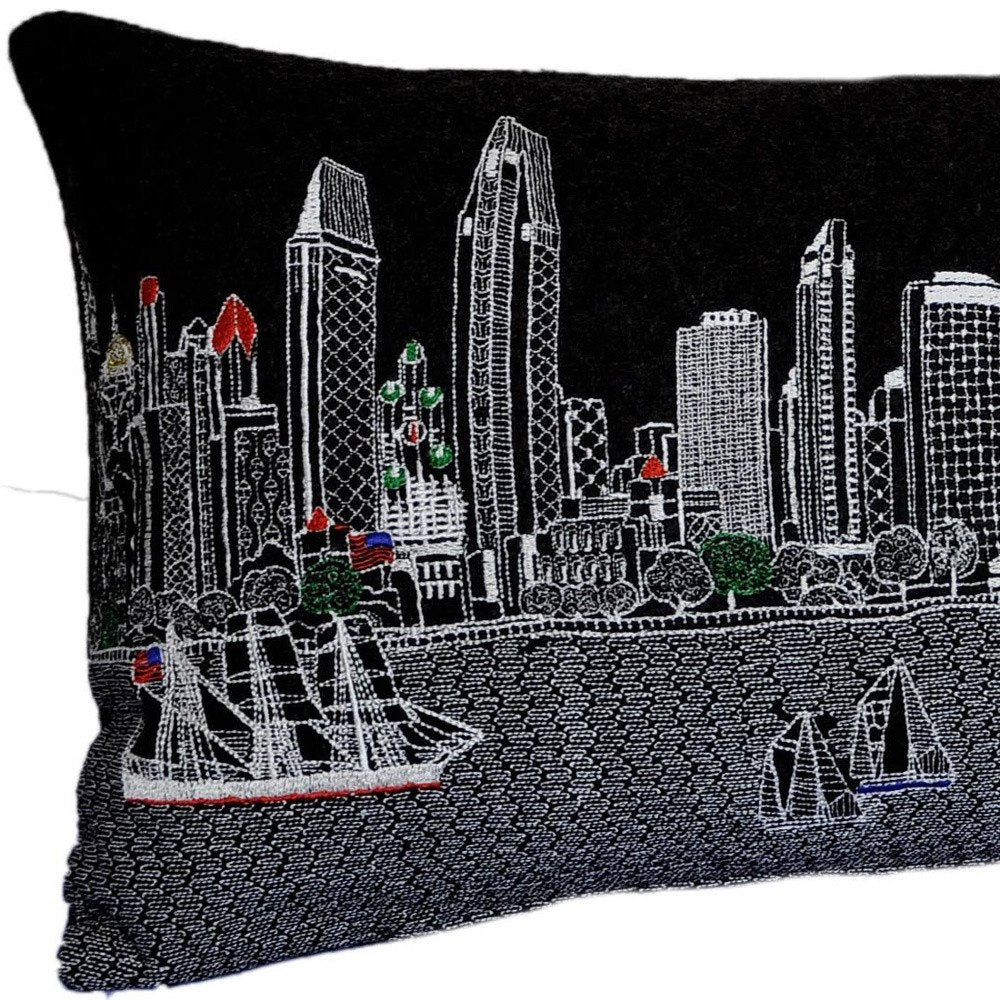 14" X 35" Dark Gray And White San Diego Nighttime Skyline Lumbar Decorative Pillow HomeRoots