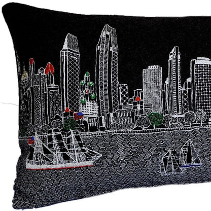 14" X 35" Dark Gray And White San Diego Nighttime Skyline Lumbar Decorative Pillow HomeRoots