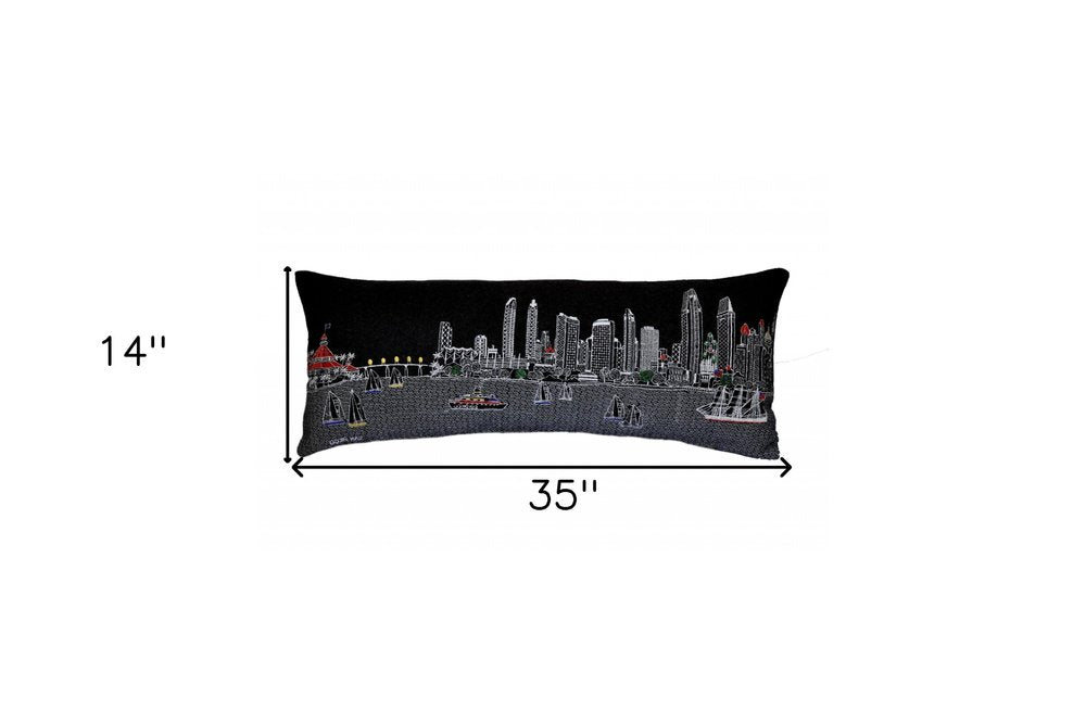 14" X 35" Dark Gray And White San Diego Nighttime Skyline Lumbar Decorative Pillow HomeRoots
