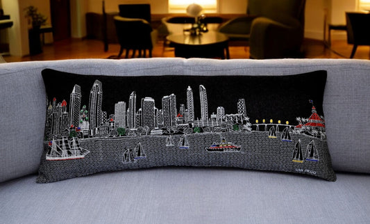 35" Black San Diego Nighttime Skyline Lumbar Decorative Pillow FurniFindUSA