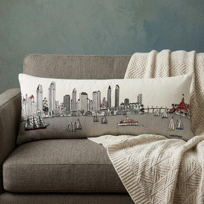 14" X 35" Dark Gray And White San Diego Nighttime Skyline Lumbar Decorative Pillow HomeRoots