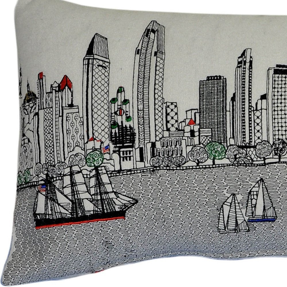 14" X 35" Dark Gray And White San Diego Nighttime Skyline Lumbar Decorative Pillow HomeRoots