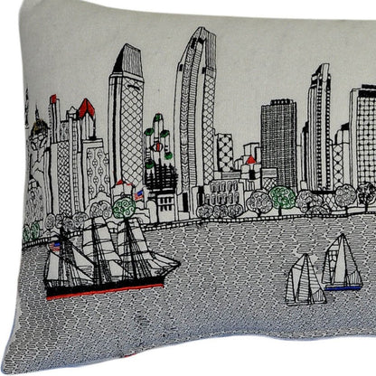 14" X 35" Dark Gray And White San Diego Nighttime Skyline Lumbar Decorative Pillow HomeRoots