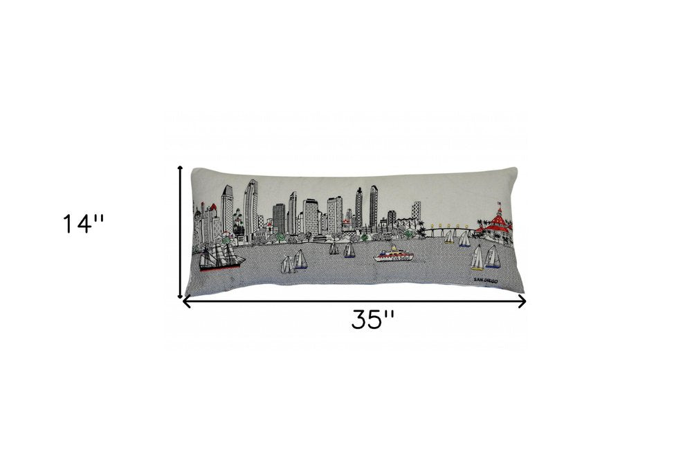 14" X 35" Dark Gray And White San Diego Nighttime Skyline Lumbar Decorative Pillow — view 7