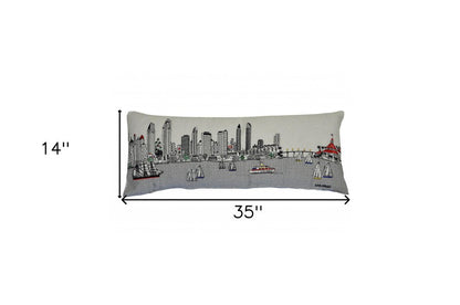 14" X 35" Dark Gray And White San Diego Nighttime Skyline Lumbar Decorative Pillow HomeRoots
