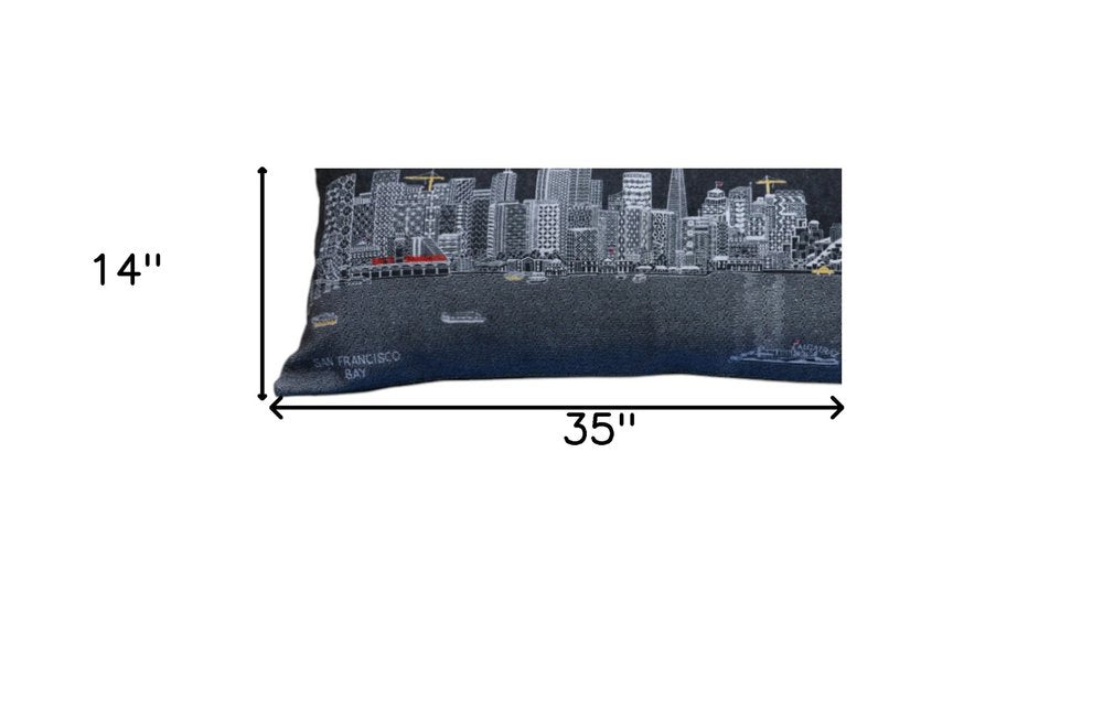 14" X 35" Dark Gray And White San Francisco Nighttime Skyline Lumbar Decorative Pillow HomeRoots