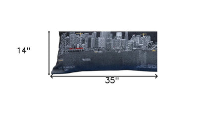 14" X 35" Dark Gray And White San Francisco Nighttime Skyline Lumbar Decorative Pillow HomeRoots