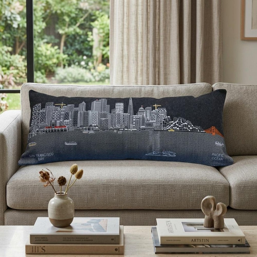 14" X 35" Dark Gray And White San Francisco Nighttime Skyline Lumbar Decorative Pillow HomeRoots