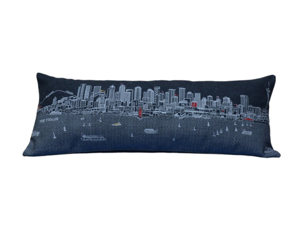 14" X 35" Dark Gray And White Seattle Nighttime Skyline Lumbar Decorative Pillow HomeRoots