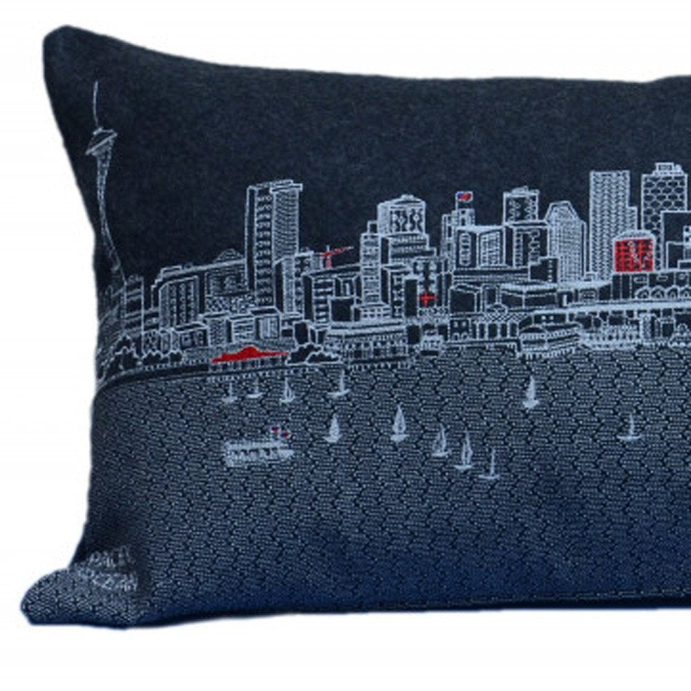 14" X 35" Dark Gray And White Seattle Nighttime Skyline Lumbar Decorative Pillow — view 2