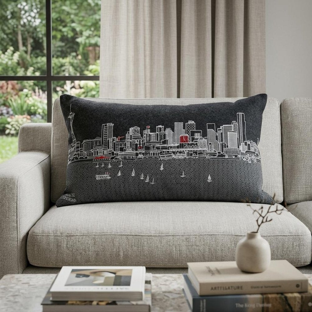 14" X 35" Dark Gray And White Seattle Nighttime Skyline Lumbar Decorative Pillow HomeRoots