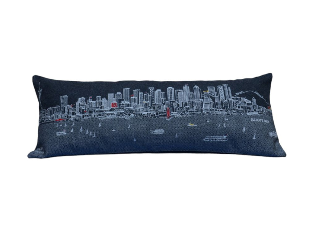 14" X 35" Dark Gray And White Seattle Nighttime Skyline Lumbar Decorative Pillow — view 4