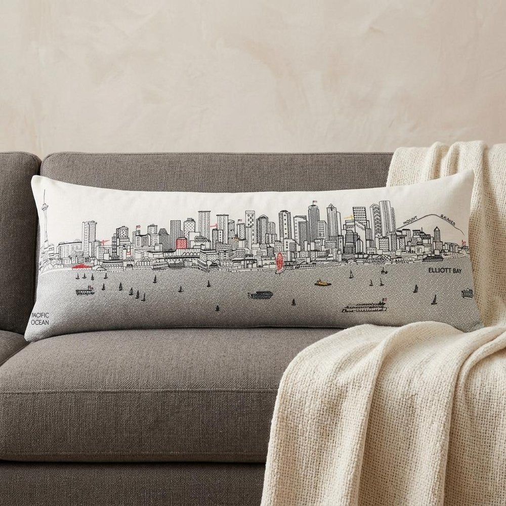 14" X 35" Dark Gray And White Seattle Nighttime Skyline Lumbar Decorative Pillow HomeRoots