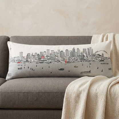 14" X 35" Dark Gray And White Seattle Nighttime Skyline Lumbar Decorative Pillow HomeRoots