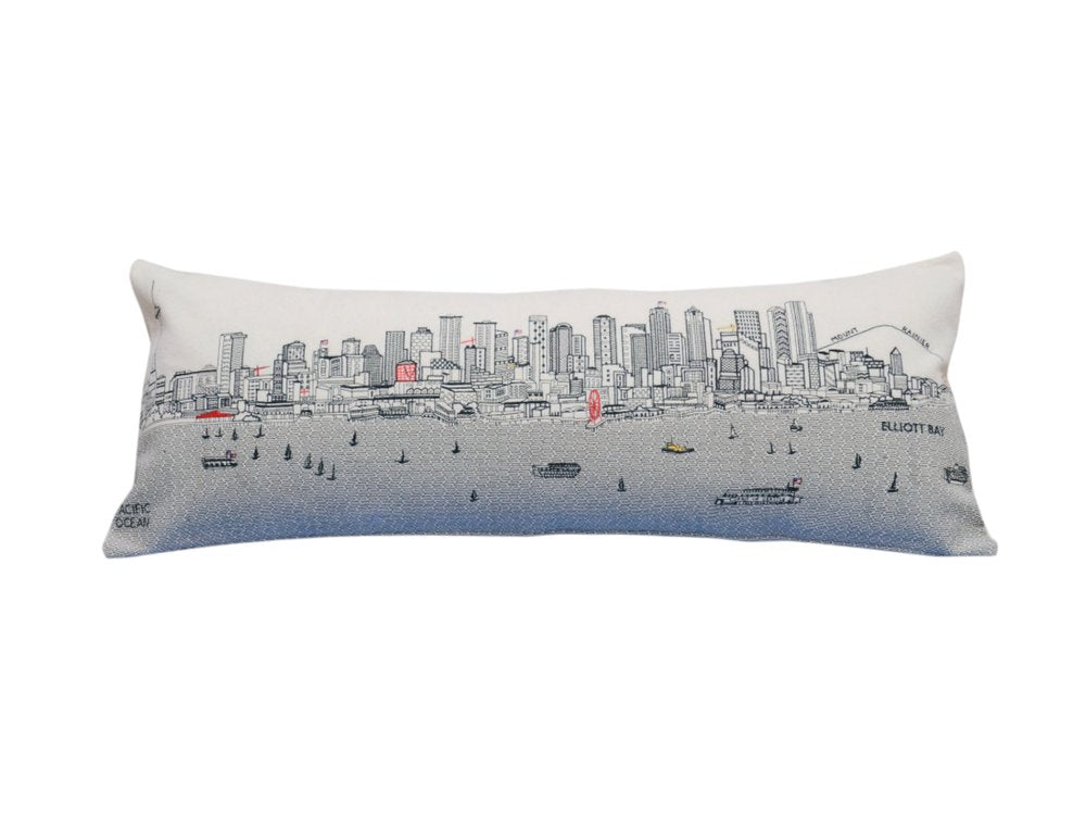14" X 35" Dark Gray And White Seattle Nighttime Skyline Lumbar Decorative Pillow HomeRoots