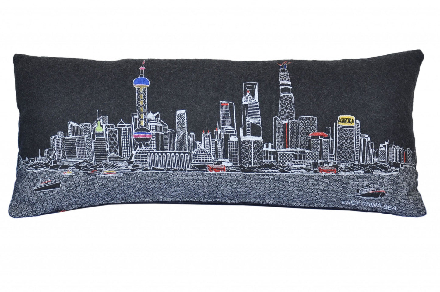 35" Black Shanghai Nighttime Skyline Lumbar Decorative Pillow FurniFindUSA