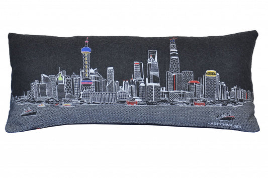 35" Black Shanghai Nighttime Skyline Lumbar Decorative Pillow FurniFindUSA