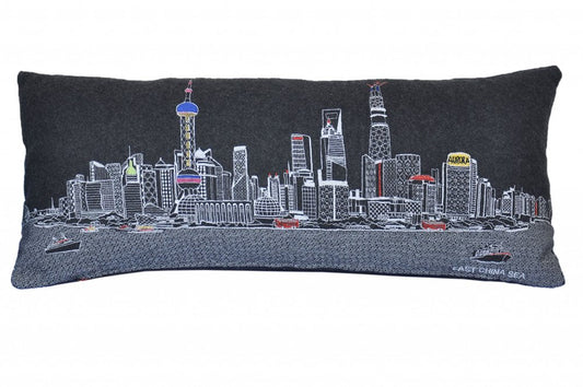 14" X 35" Dark Gray And White Shanghai Nighttime Skyline Lumbar Decorative Pillow