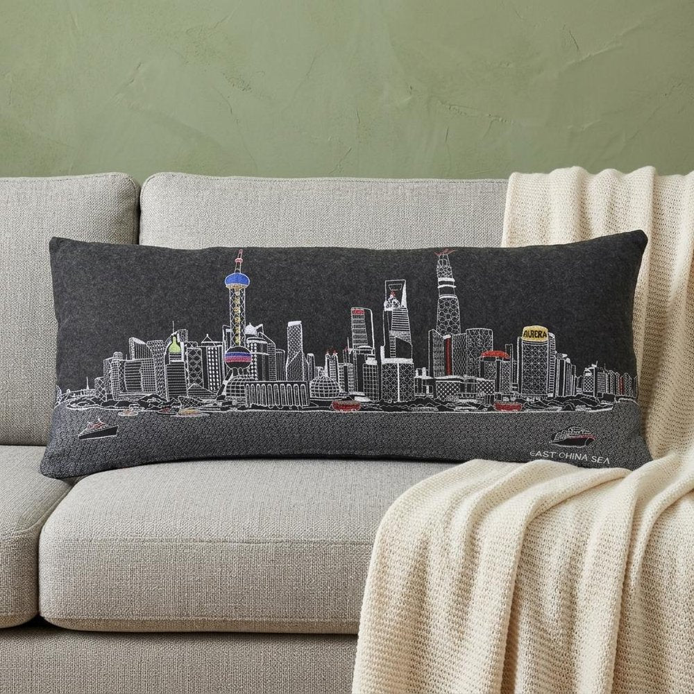 14" X 35" Dark Gray And White Shanghai Nighttime Skyline Lumbar Decorative Pillow — view 1