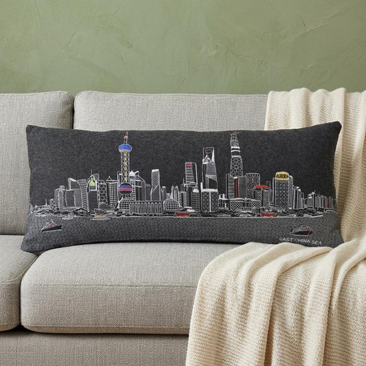 14" X 35" Dark Gray And White Shanghai Nighttime Skyline Lumbar Decorative Pillow