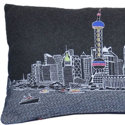 14" X 35" Dark Gray And White Shanghai Nighttime Skyline Lumbar Decorative Pillow HomeRoots