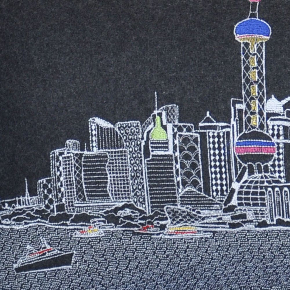 14" X 35" Dark Gray And White Shanghai Nighttime Skyline Lumbar Decorative Pillow — view 5
