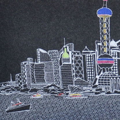 14" X 35" Dark Gray And White Shanghai Nighttime Skyline Lumbar Decorative Pillow HomeRoots