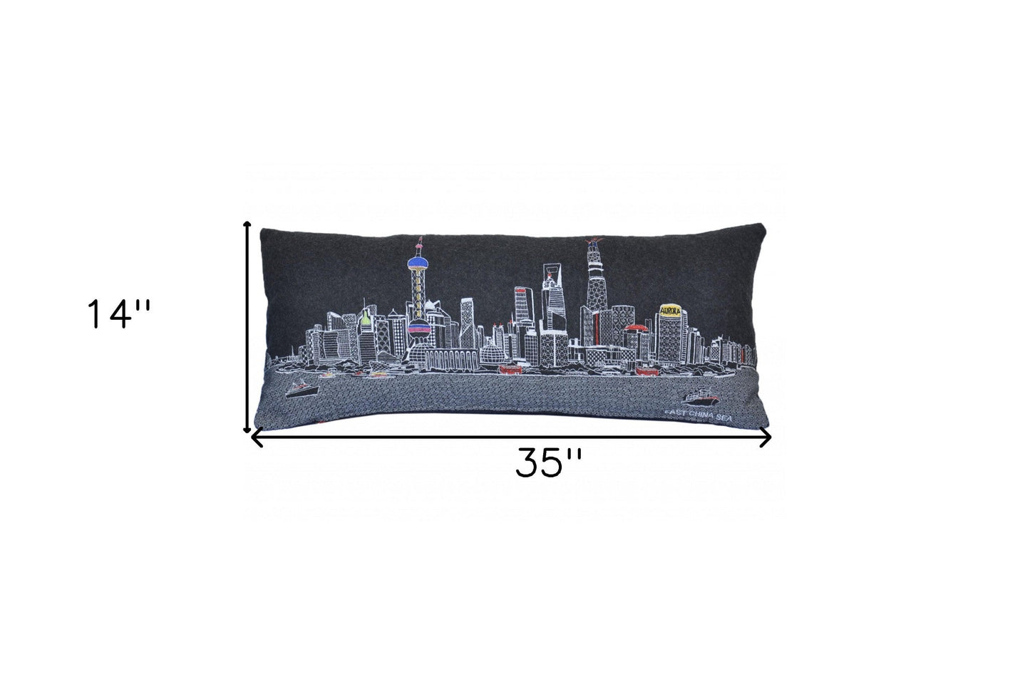 35" Black Shanghai Nighttime Skyline Lumbar Decorative Pillow FurniFindUSA