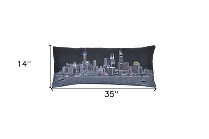 35" Black Shanghai Nighttime Skyline Lumbar Decorative Pillow FurniFindUSA
