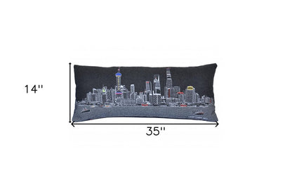 14" X 35" Dark Gray And White Shanghai Nighttime Skyline Lumbar Decorative Pillow HomeRoots