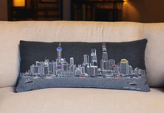 35" Black Shanghai Nighttime Skyline Lumbar Decorative Pillow FurniFindUSA