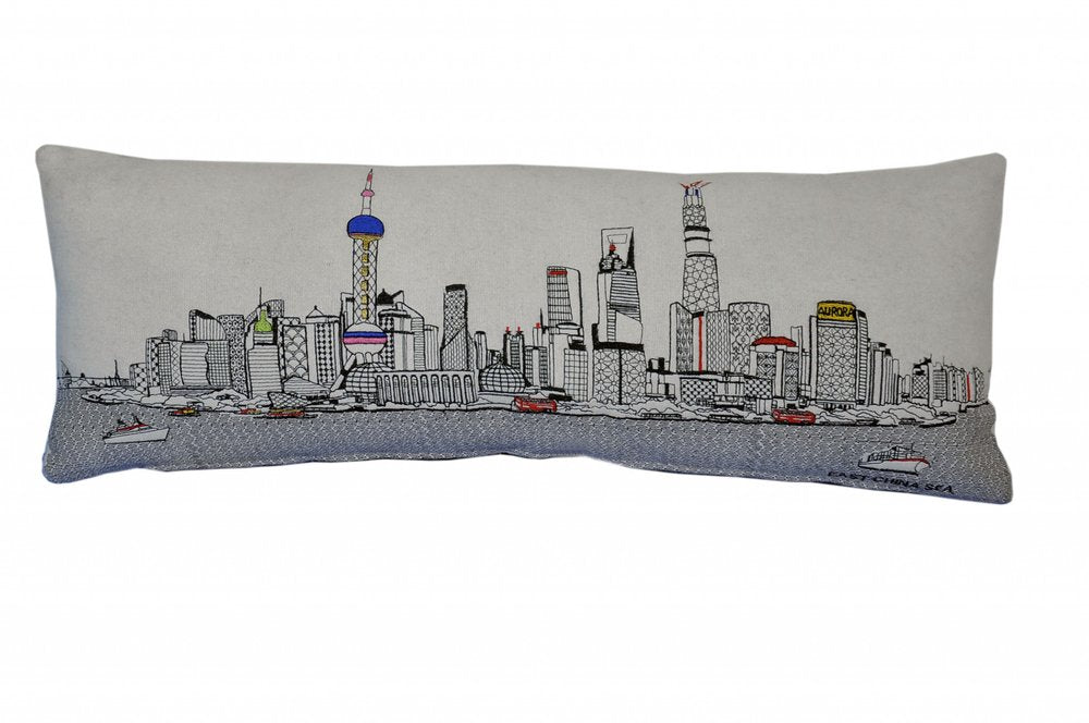14" X 35" Dark Gray And White Shanghai Nighttime Skyline Lumbar Decorative Pillow — view 6