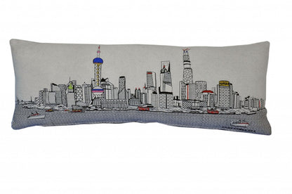 14" X 35" Dark Gray And White Shanghai Nighttime Skyline Lumbar Decorative Pillow HomeRoots