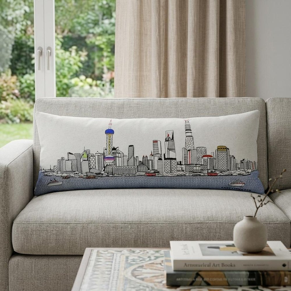 14" X 35" Dark Gray And White Shanghai Nighttime Skyline Lumbar Decorative Pillow HomeRoots