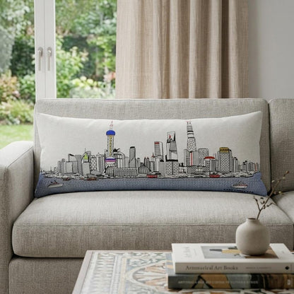 14" X 35" Dark Gray And White Shanghai Nighttime Skyline Lumbar Decorative Pillow HomeRoots