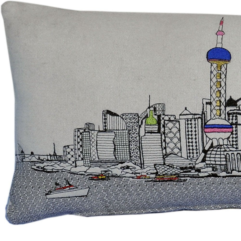 14" X 35" Dark Gray And White Shanghai Nighttime Skyline Lumbar Decorative Pillow HomeRoots