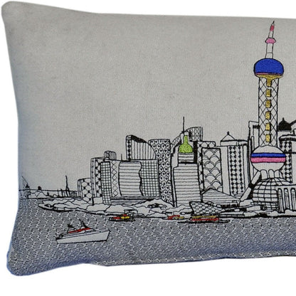 14" X 35" Dark Gray And White Shanghai Nighttime Skyline Lumbar Decorative Pillow HomeRoots