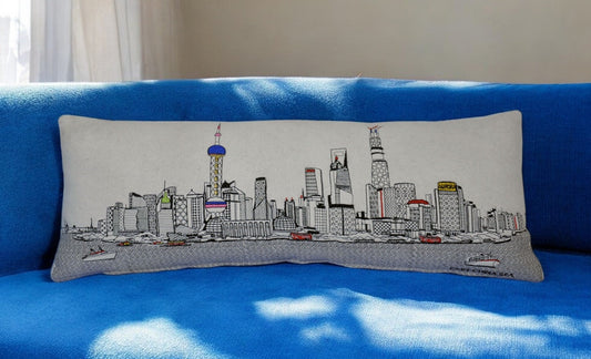 35" White Shanghai Daylight Skyline Lumbar Decorative Pillow FurniFindUSA