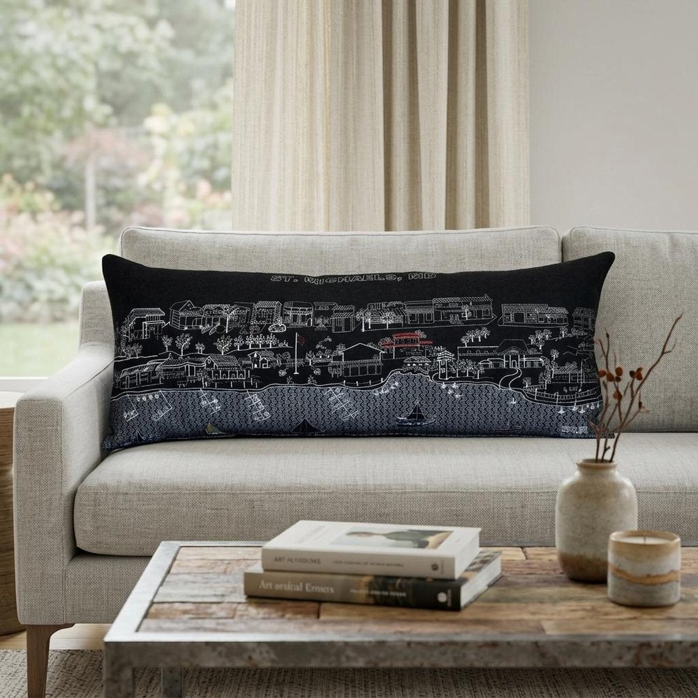 14" X 35" Dark Gray And White St Michael's Nighttime Skyline Lumbar Decorative Pillow HomeRoots