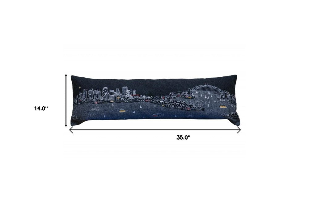 14" X 35" Dark Gray And White Sydney Nighttime Skyline Lumbar Decorative Pillow HomeRoots