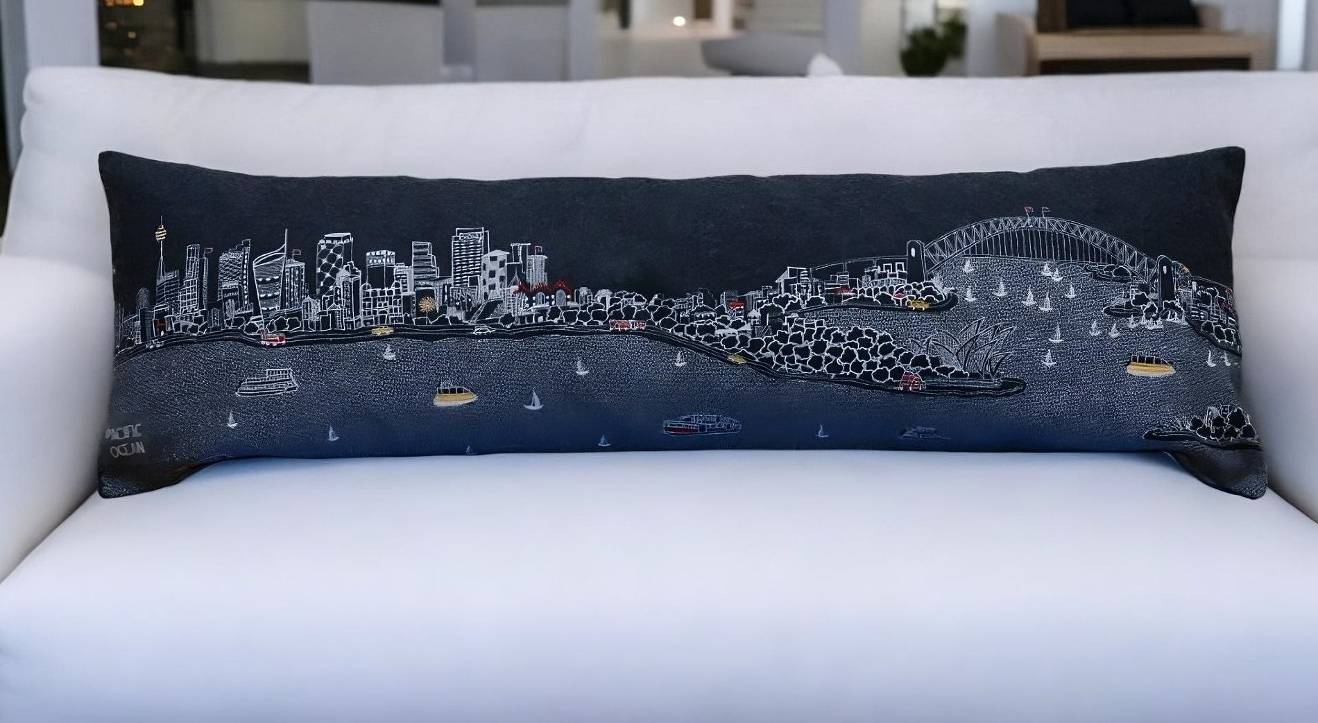 35" Black Sydney Nighttime Skyline Lumbar Decorative Pillow FurniFindUSA