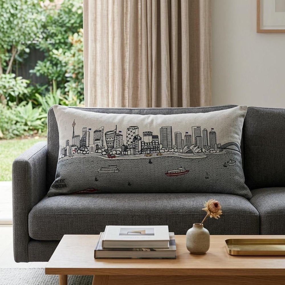 14" X 35" Dark Gray And White Sydney Nighttime Skyline Lumbar Decorative Pillow HomeRoots
