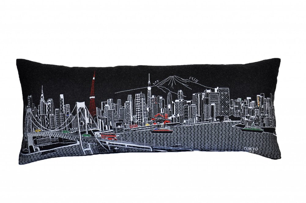 14" X 35" Dark Gray And White Tokyo Nighttime Skyline Lumbar Decorative Pillow — view 2