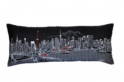 14" X 35" Dark Gray And White Tokyo Nighttime Skyline Lumbar Decorative Pillow HomeRoots