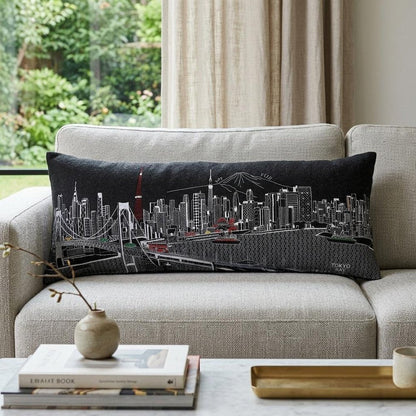 14" X 35" Dark Gray And White Tokyo Nighttime Skyline Lumbar Decorative Pillow HomeRoots