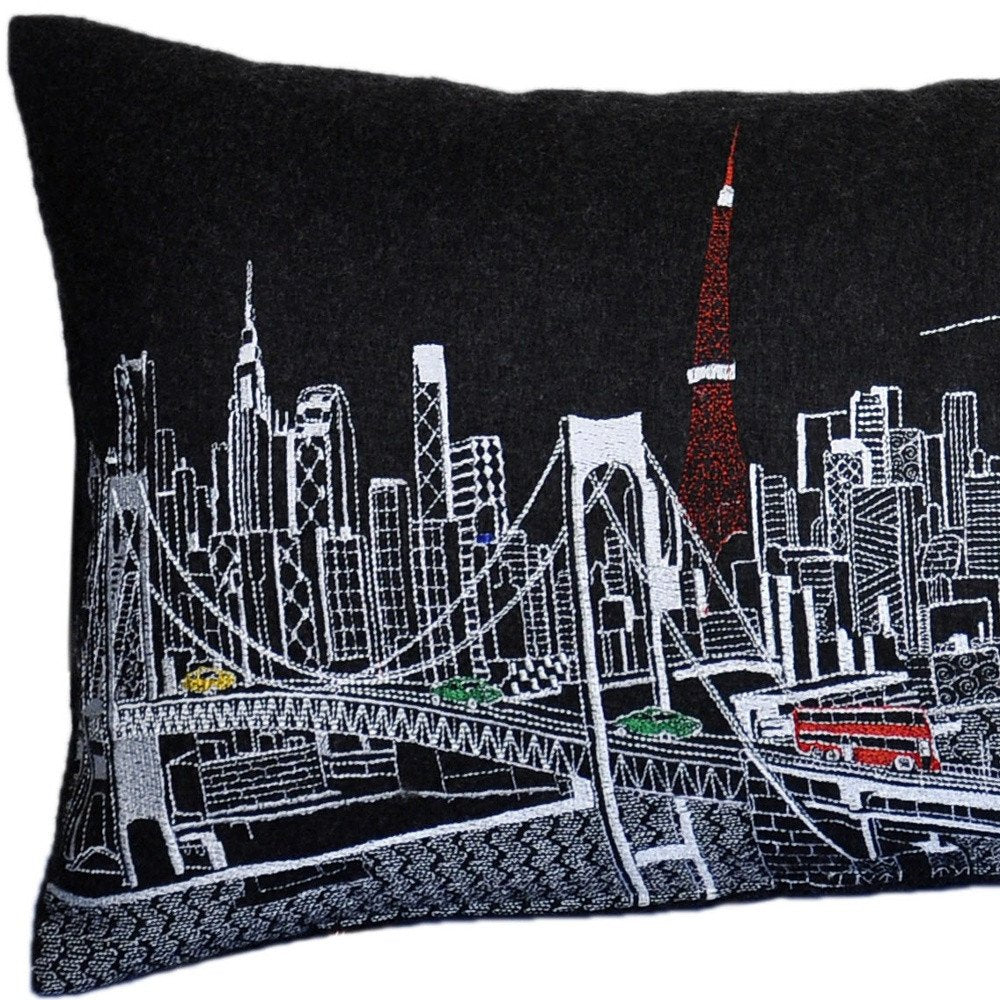 14" X 35" Dark Gray And White Tokyo Nighttime Skyline Lumbar Decorative Pillow HomeRoots