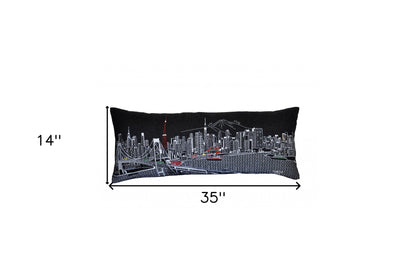 35" Black Tokyo Nighttime Skyline Lumbar Decorative Pillow FurniFindUSA