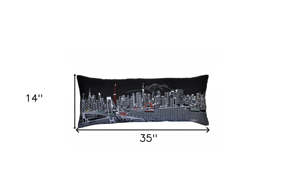 14" X 35" Dark Gray And White Tokyo Nighttime Skyline Lumbar Decorative Pillow — view 4